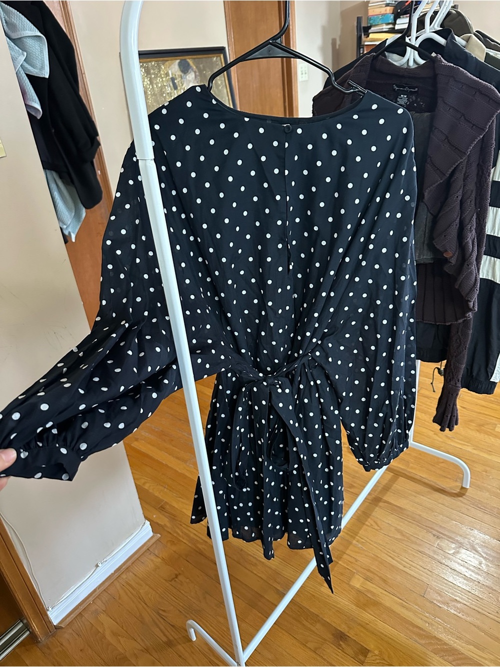 Polka Dot Tie-Waist Long Sleeve Dress - Black/White NEVER WORN